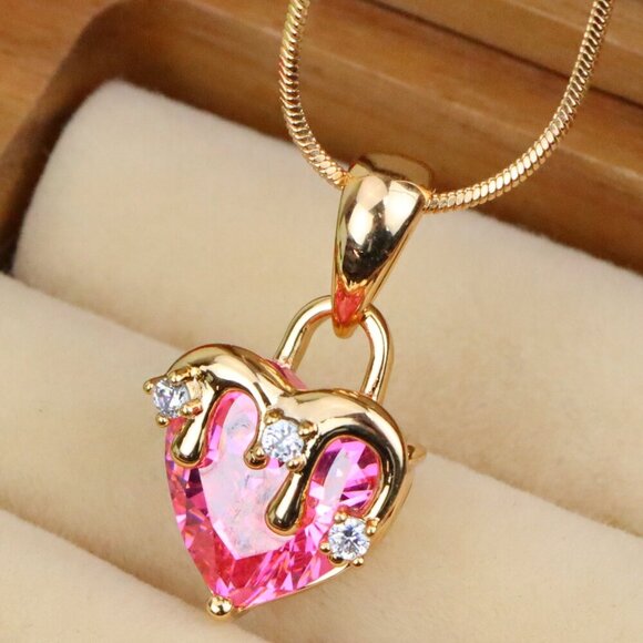 "Heart Drip Pink Pendant in Gold Finish Romantic Charm, XPPT1698 - Picture 1 of 13
